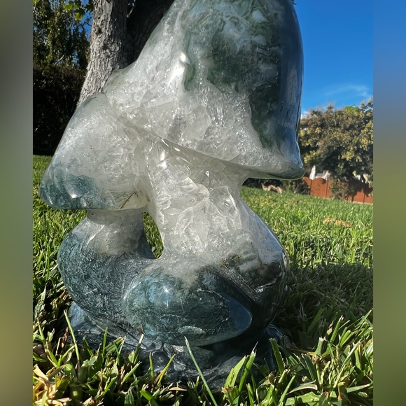 Extra Large Moss Agate Triple Mushroom with Quartz - Picture 8 of 9